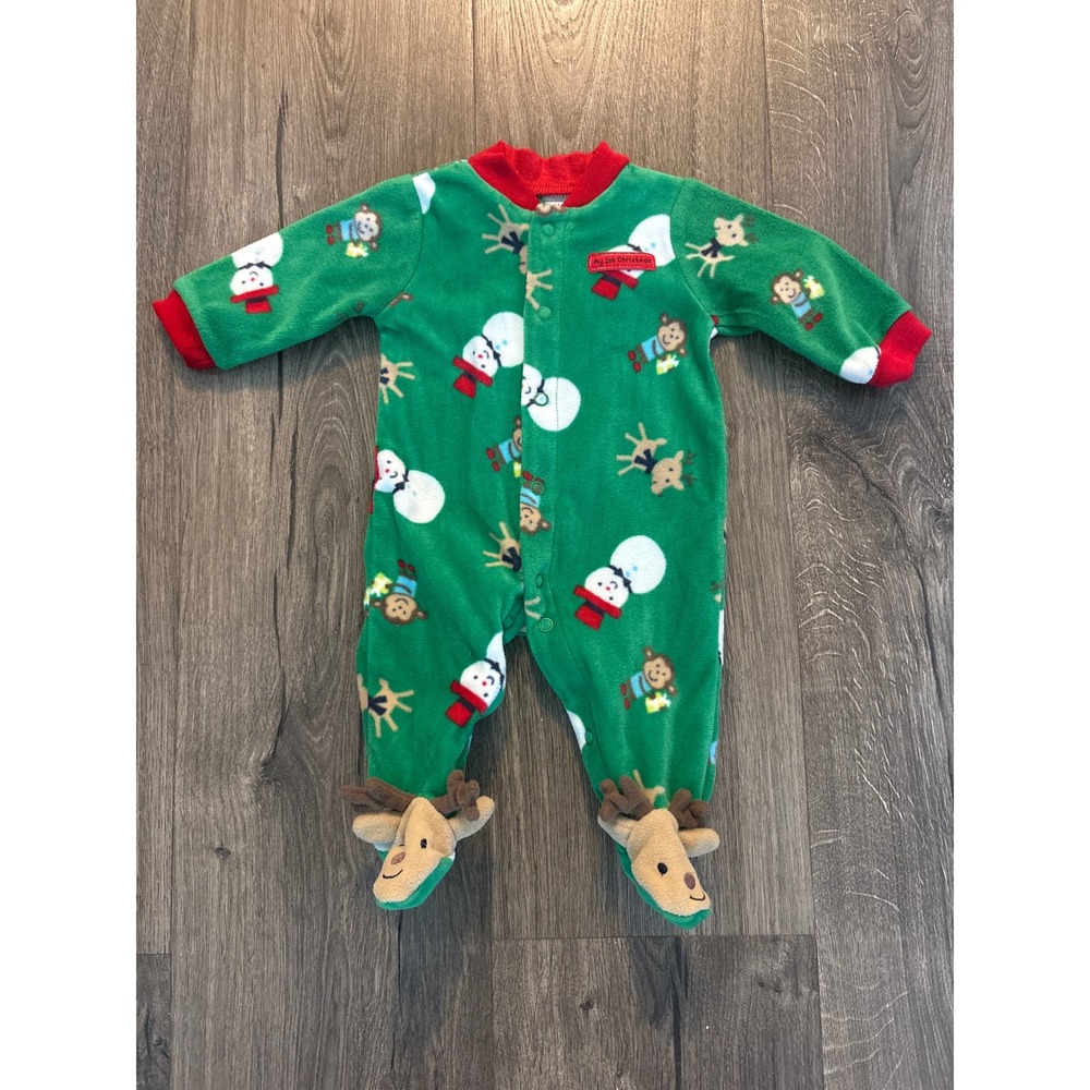 Just One‎ You by Carters Baby NB Green Christmas Reindeer Snowman Footed Pajamas